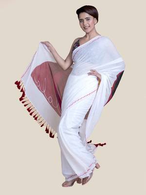 Suta Women White And Maroon Hand Painted Cotton Modal Saree 4