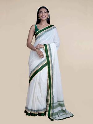 Suta White  Green Solid Pure Cotton Saree 1