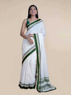 Suta White  Green Solid Pure Cotton Saree 2