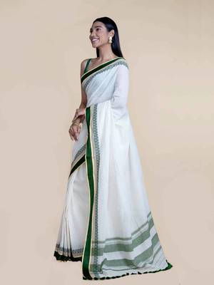 Suta White  Green Solid Pure Cotton Saree 3
