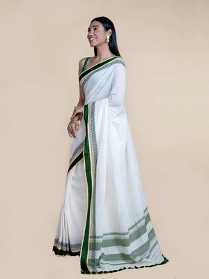 Suta White  Green Solid Pure Cotton Saree 4