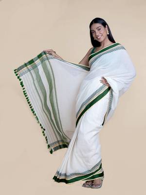 Suta White  Green Solid Pure Cotton Saree 5