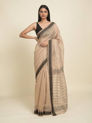 Suta Beige  Black Silk Cotton Saree 1