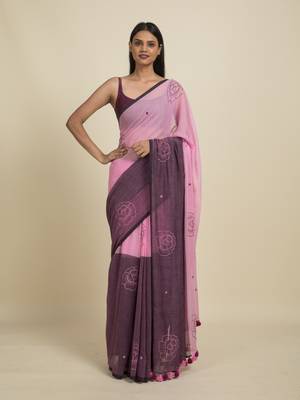 Suta Pink  Purple Floral Pure Cotton Saree 1