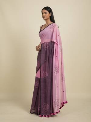 Suta Pink  Purple Floral Pure Cotton Saree 3