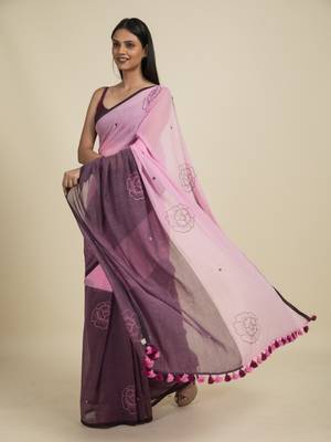 Suta Pink  Purple Floral Pure Cotton Saree 4