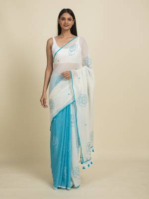 Suta White  Turquoise Blue Floral Pure Cotton Saree 1