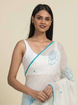 Suta White  Turquoise Blue Floral Pure Cotton Saree 3