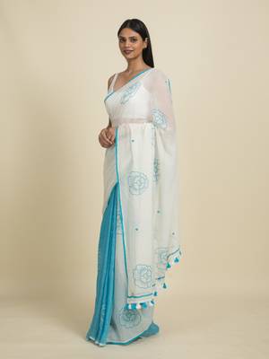 Suta White  Turquoise Blue Floral Pure Cotton Saree 4