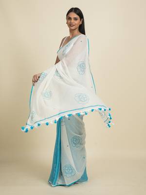 Suta White  Turquoise Blue Floral Pure Cotton Saree 5