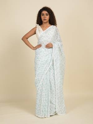 Suta White  Green Floral Pure Cotton Saree 1