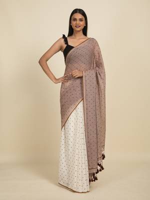 Suta Off White  Brown Polka Dots Printed Pure Cotton Saree 1
