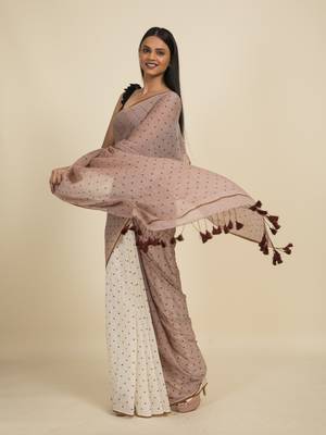 Suta Off White  Brown Polka Dots Printed Pure Cotton Saree 2