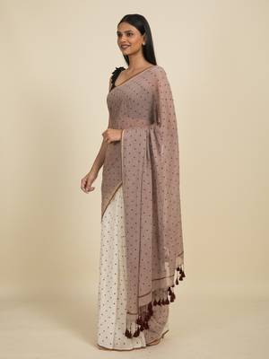 Suta Off White  Brown Polka Dots Printed Pure Cotton Saree 3