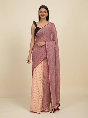 Suta Mauve  Beige Pure Cotton Polka Dot Printed Saree 1