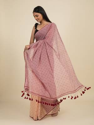 Suta Mauve  Beige Pure Cotton Polka Dot Printed Saree 2
