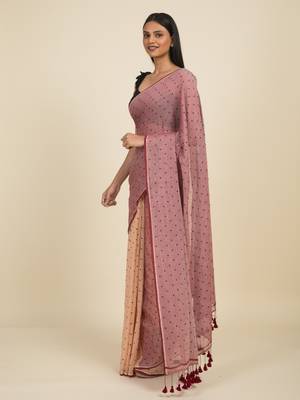 Suta Mauve  Beige Pure Cotton Polka Dot Printed Saree 3