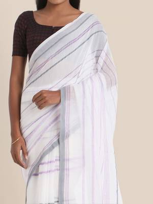 Suta White  Lavender Striped Saree 1