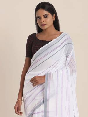 Suta White  Lavender Striped Saree 3