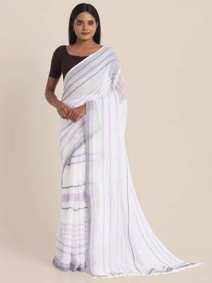 Suta White  Lavender Striped Saree 4