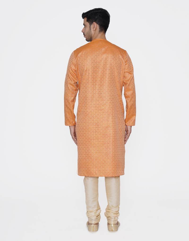 Tabard orange printed jacquard Kurta for men's