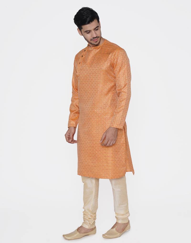 Tabard orange printed jacquard Kurta for men's