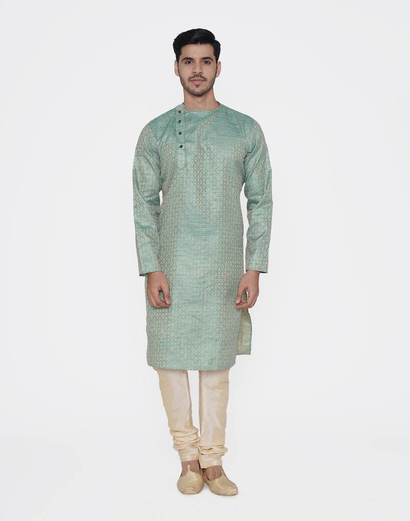 Tabard green printed jacquard Kurta for men's