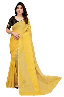 Shreeji Designer Women's Golden Color Net Saree With Woven Zari and Black Color Ari Embroidery Work Blouse Piece 1