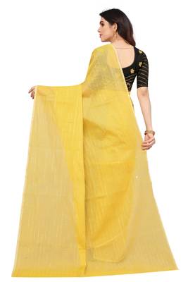 Shreeji Designer Women's Golden Color Net Saree With Woven Zari and Black Color Ari Embroidery Work Blouse Piece 2