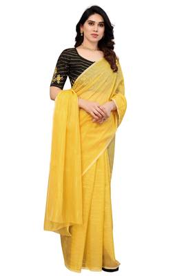 Shreeji Designer Women's Golden Color Net Saree With Woven Zari and Black Color Ari Embroidery Work Blouse Piece 3