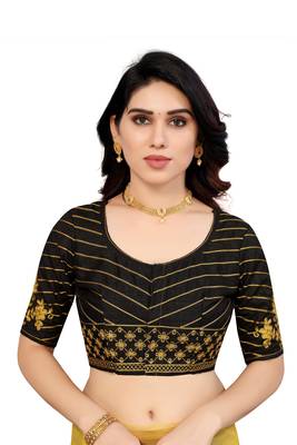 Shreeji Designer Women's Golden Color Net Saree With Woven Zari and Black Color Ari Embroidery Work Blouse Piece 4