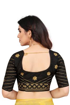 Shreeji Designer Women's Golden Color Net Saree With Woven Zari and Black Color Ari Embroidery Work Blouse Piece 5