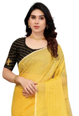 Shreeji Designer Women's Golden Color Net Saree With Woven Zari and Black Color Ari Embroidery Work Blouse Piece 6