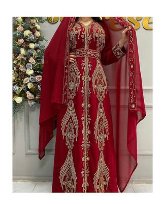 Grand Bridal Red Moroccan Kaftan Gown with Gold Zari Work & Hijab | Luxury Event Dress 1
