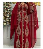 Grand Bridal Red Moroccan Kaftan Gown with Gold Zari Work & Hijab | Luxury Event Dress