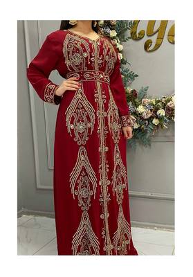 Grand Bridal Red Moroccan Kaftan Gown with Gold Zari Work & Hijab | Luxury Event Dress 2