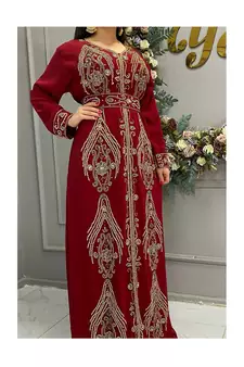 Grand Bridal Red Moroccan Kaftan Gown with Gold Zari Work & Hijab | Luxury Event Dress