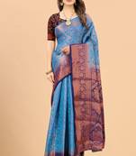 Sky blue woven art silk sarees saree with blouse