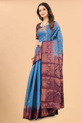 Sky blue woven art silk sarees saree with blouse 3
