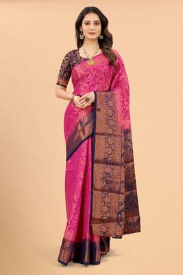 Pink woven art silk sarees saree with blouse 1
