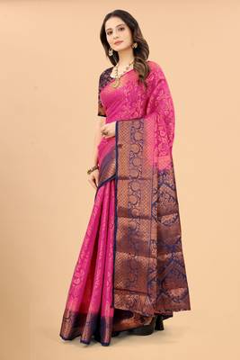 Pink woven art silk sarees saree with blouse 2