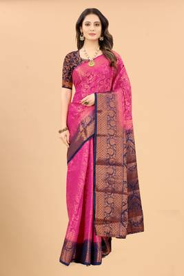 Pink woven art silk sarees saree with blouse 3