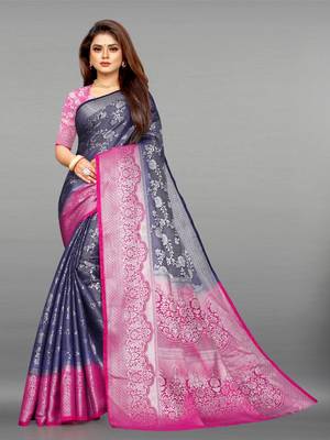 Navy blue woven art silk sarees saree with blouse 1