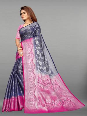 Navy blue woven art silk sarees saree with blouse 2