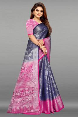 Navy blue woven art silk sarees saree with blouse 3