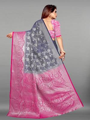 Navy blue woven art silk sarees saree with blouse 4