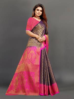 Navy blue woven art silk sarees saree with blouse 3