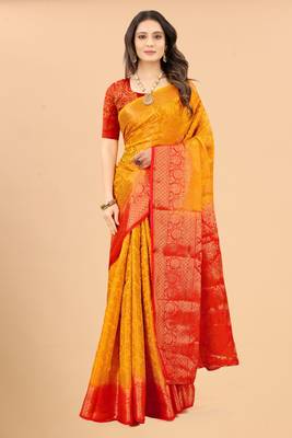 Yellow woven art silk sarees saree with blouse 2