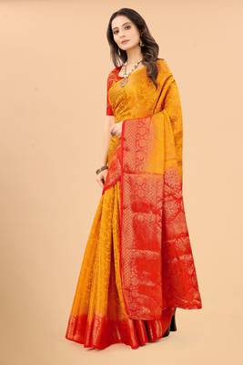 Yellow woven art silk sarees saree with blouse 3
