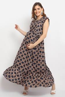Moms Maternity Women's Maternity Rayon Geometric Print Black Maxi Dress